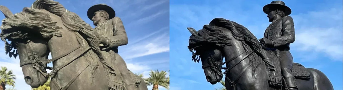 A side-by-side comparison of a bronze equestrian statue, showing two slightly different angles of a man in a wide-brimmed hat riding a horse against a blue sky with clouds and palm trees.